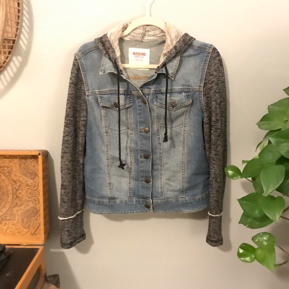 Denim jacket with sweat shirt sleeves and hoodie